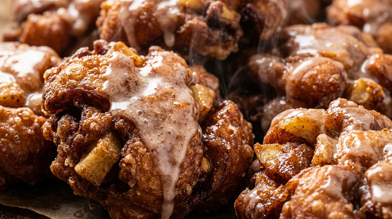 Ultra close-up macro of crispy glazed homemade apple fritters showing craggy fried crust and translucent vanilla glaze