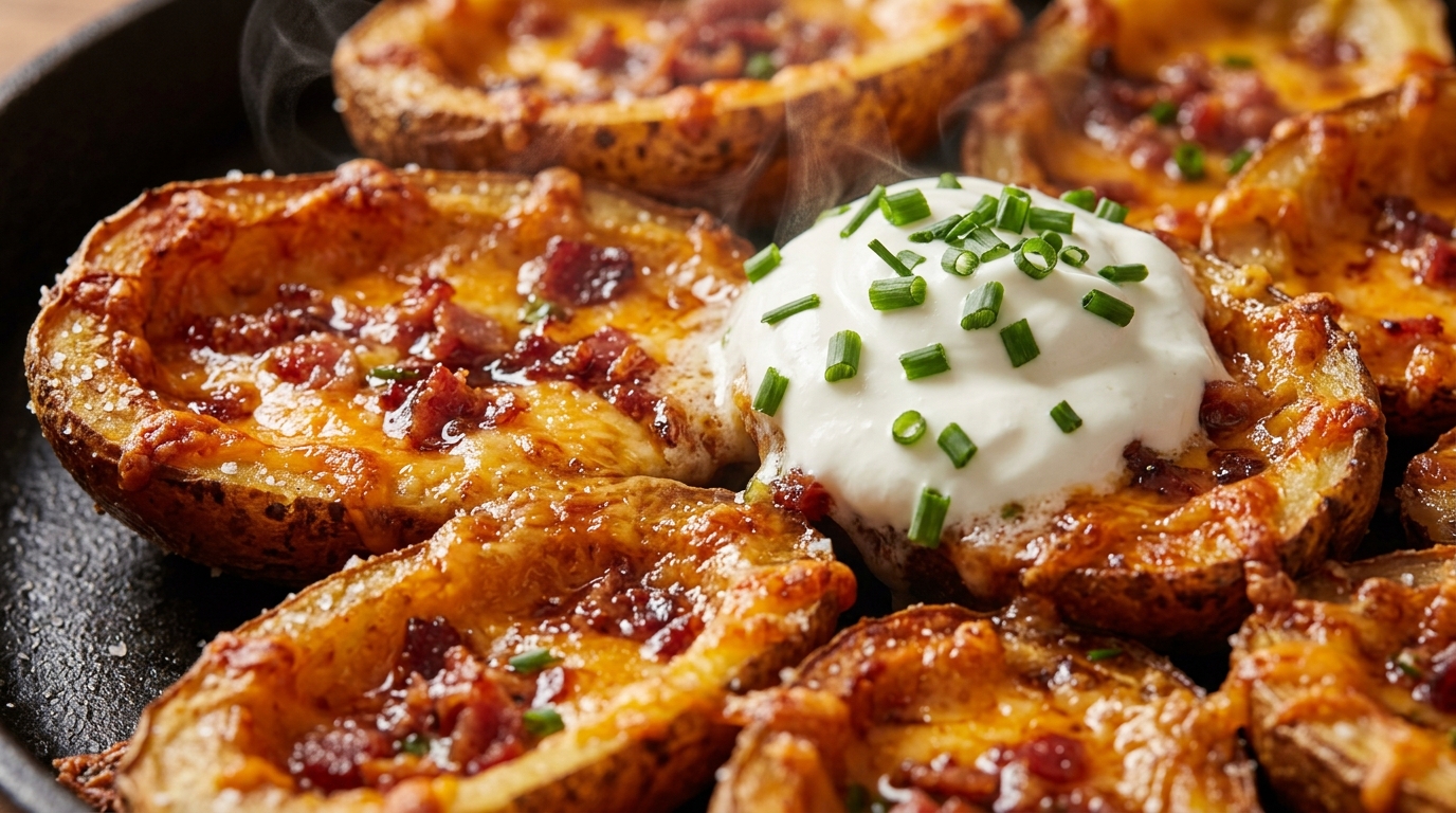 Ultra close-up macro of crispy loaded cheddar potato skins with bubbling melted cheese, crispy beef bacon bits, sour cream, and fresh chives