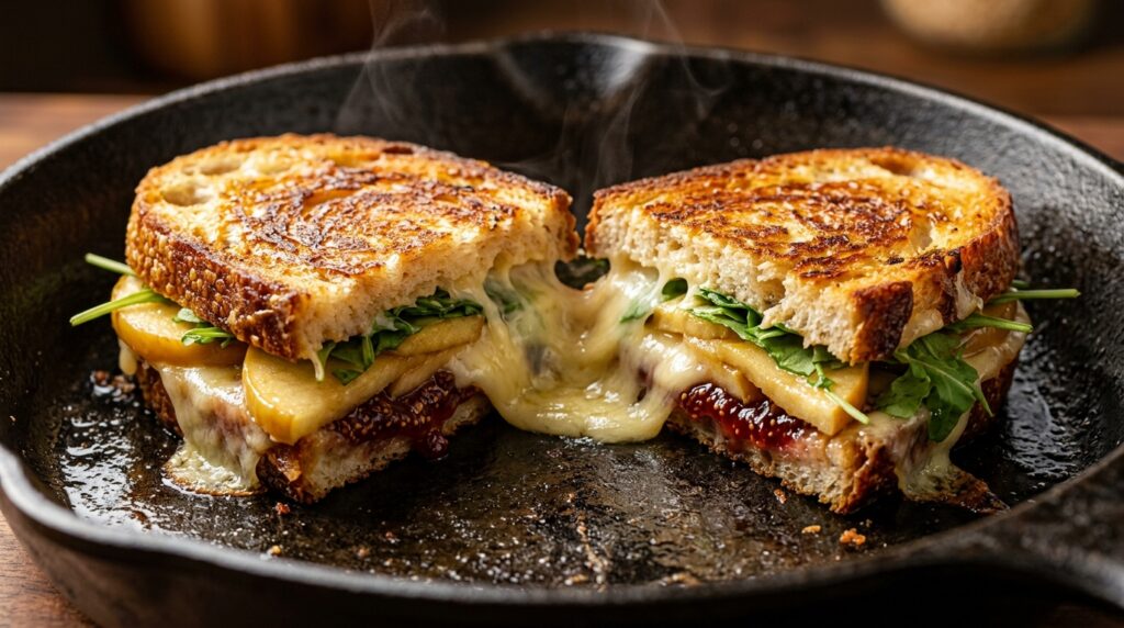 Ultra close-up macro of golden grilled sourdough apple melt with molten sharp white cheddar cheese pull and sweet fig spread