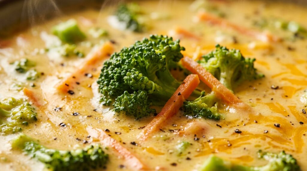Ultra close-up macro of creamy slow cooker broccoli cheddar soup topped with melted sharp cheddar and tender broccoli florets