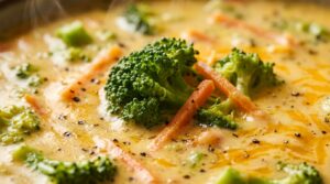 Ultra close-up macro of creamy slow cooker broccoli cheddar soup topped with melted sharp cheddar and tender broccoli florets