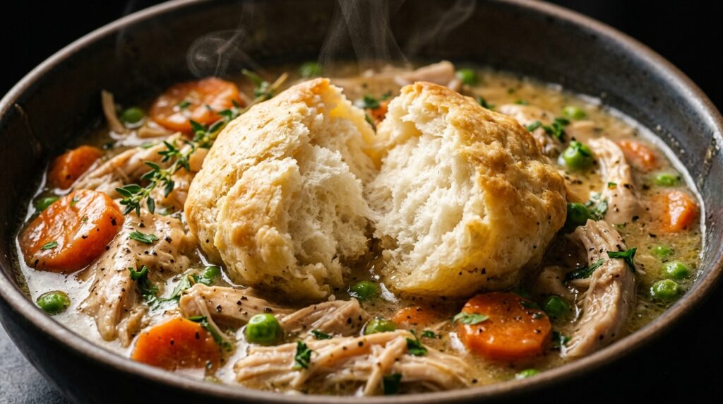 Ultra close-up macro of creamy slow cooker chicken and fluffy dumplings in rich herb gravy with tender shredded chicken and vegetables
