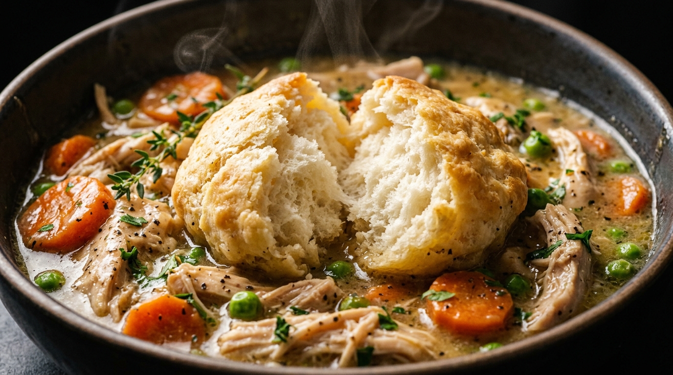 Ultra close-up macro of creamy slow cooker chicken and fluffy dumplings in rich herb gravy with tender shredded chicken and vegetables