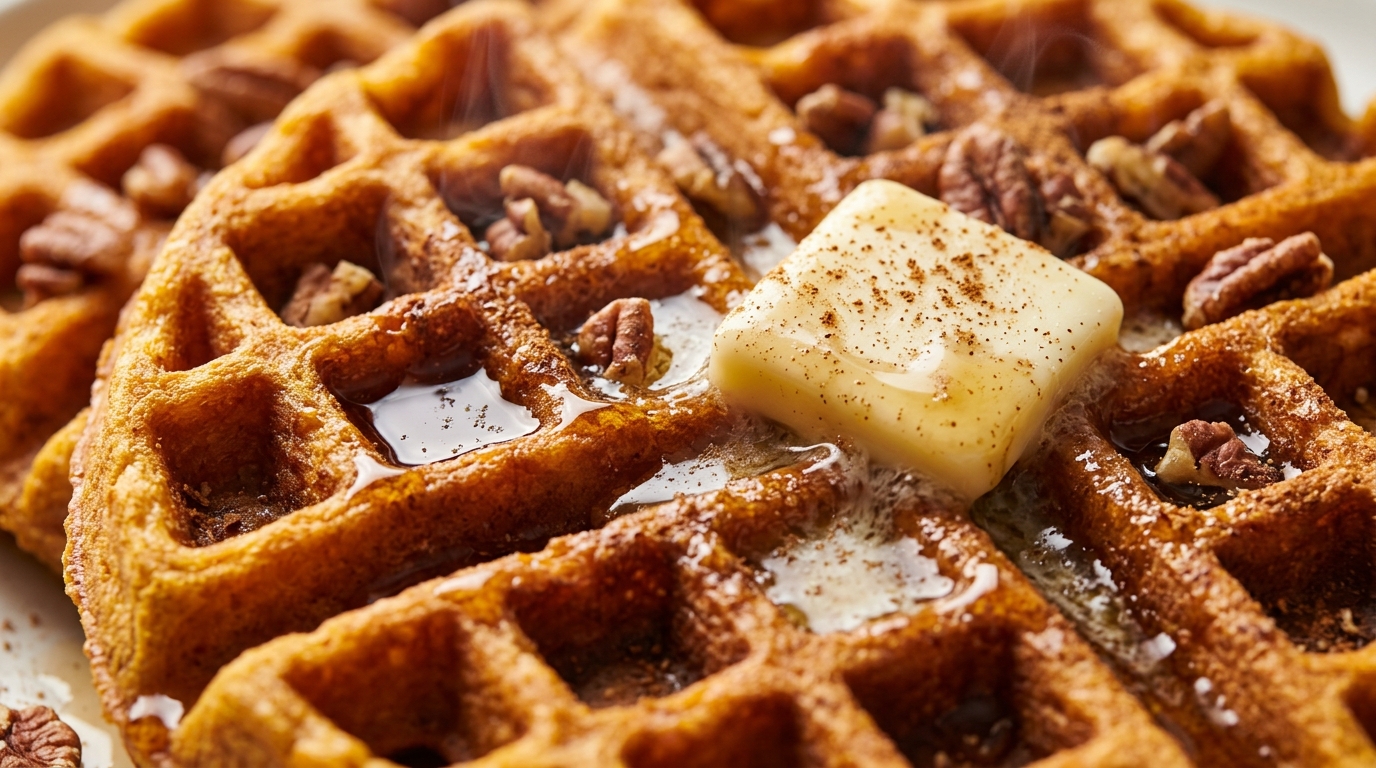 Ultra close-up macro of fluffy golden pumpkin Belgian waffles with deep pockets filled with melted butter and dripping maple syrup