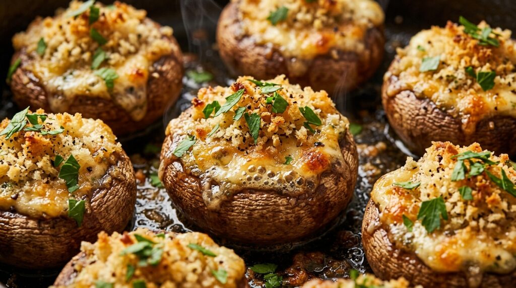 Ultra close-up macro of golden baked garlic herb cream cheese stuffed mushrooms with crispy buttered Parmesan panko crust