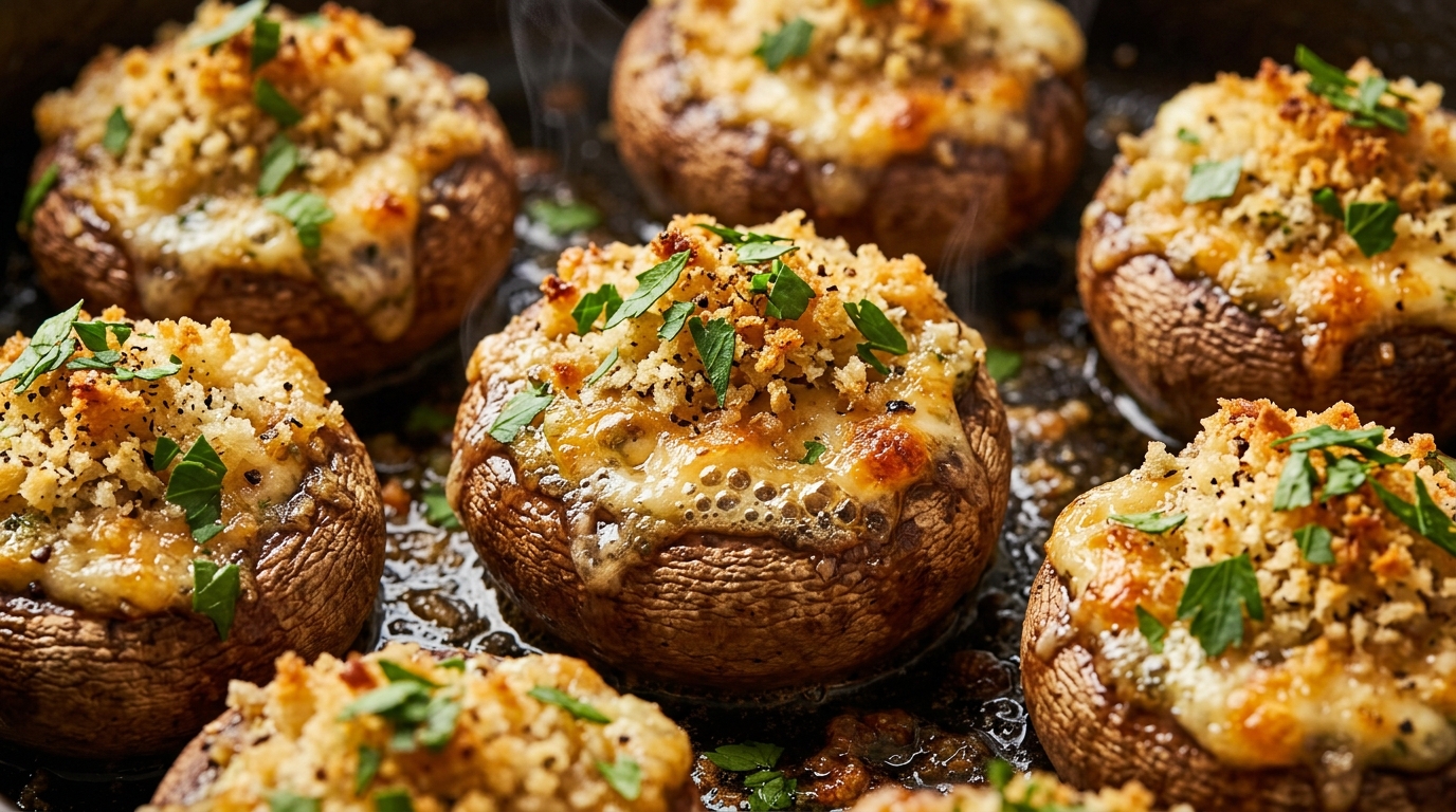 Ultra close-up macro of golden baked garlic herb cream cheese stuffed mushrooms with crispy buttered Parmesan panko crust