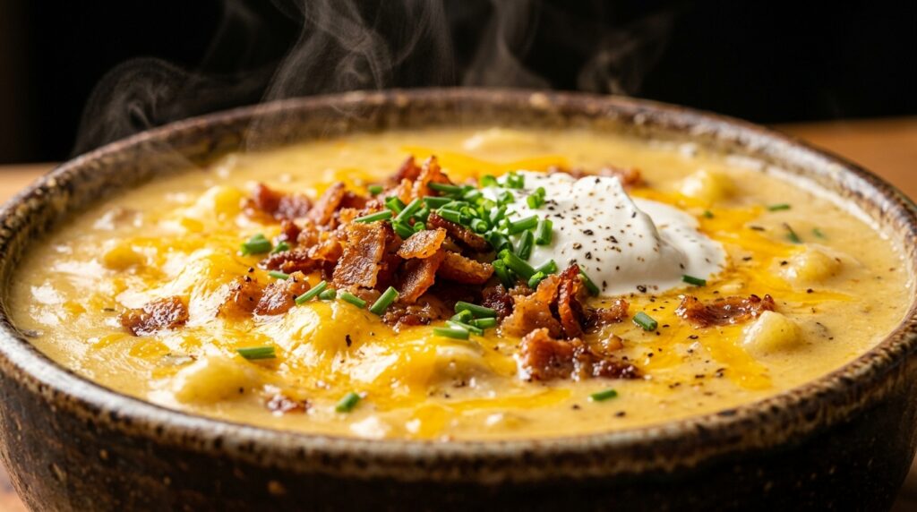Ultra close-up macro of creamy loaded baked potato cheddar soup in ceramic bowl with melted sharp cheddar, crispy halal beef bacon crumbles, fresh chives, and cracked black pepper