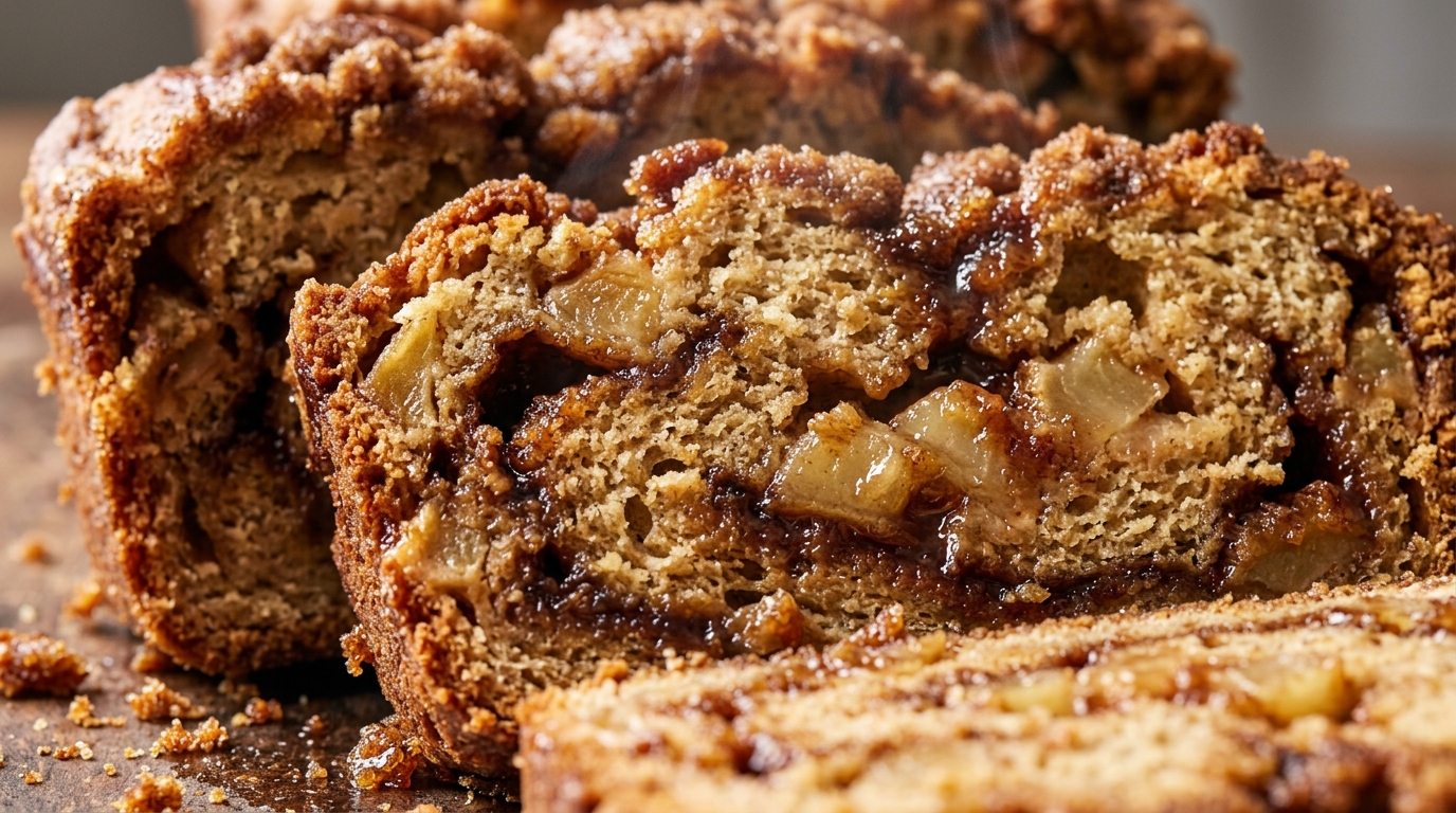 Ultra close-up macro of moist cinnamon swirl apple bread slice showing caramelized swirl and apple chunks