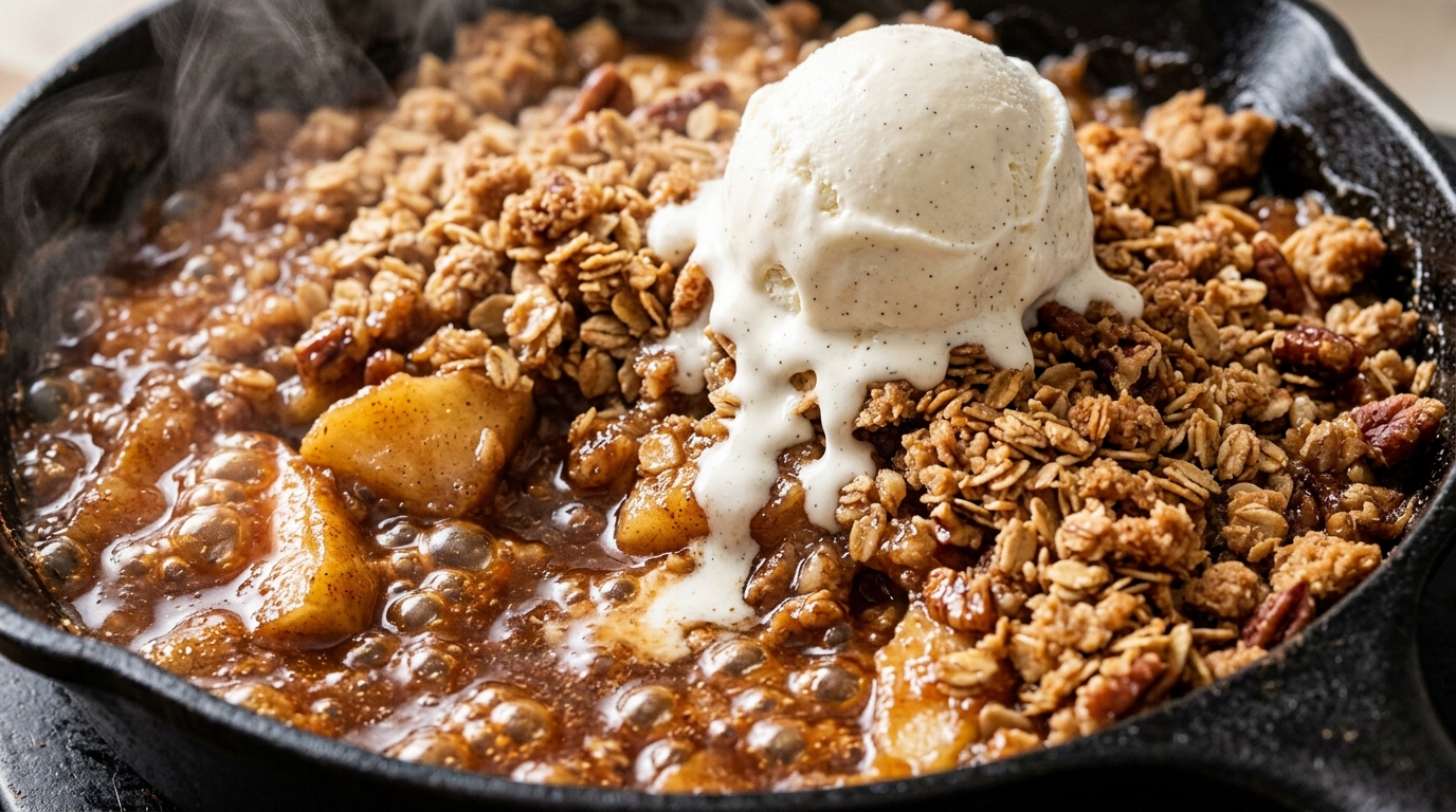 Ultra close-up macro of bubbling golden apple crisp with crunchy brown butter oat streusel