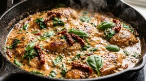 Ultra close-up macro of one-pan creamy sun-dried tomato chicken in cast iron skillet with golden seared cutlets in velvety garlic parmesan sauce with wilted spinach