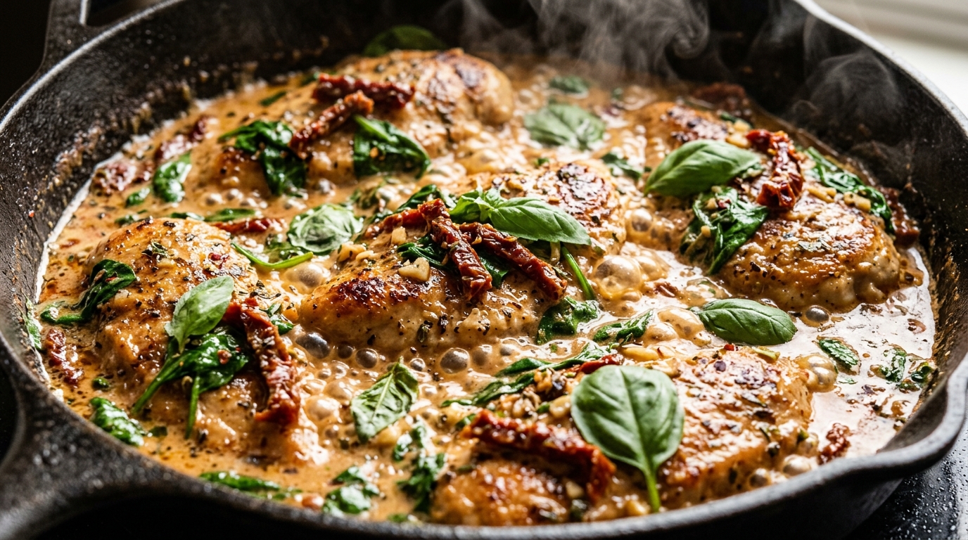 Ultra close-up macro of one-pan creamy sun-dried tomato chicken in cast iron skillet with golden seared cutlets in velvety garlic parmesan sauce with wilted spinach