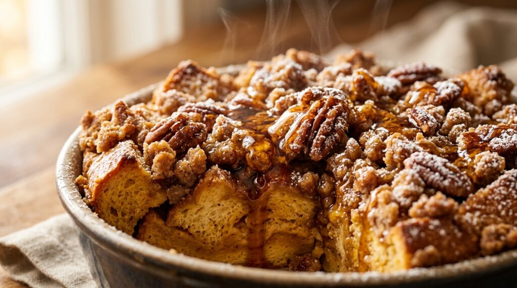 Ultra close-up macro of golden baked overnight pumpkin French toast casserole drizzled in maple syrup with crispy cinnamon pecan streusel