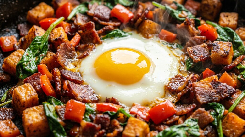 Ultra close-up macro of skillet sweet potato breakfast hash sizzling in cast iron with runny fried eggs, crispy caramelized sweet potato cubes, and fresh herbs