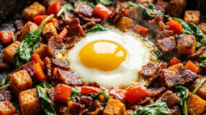 Ultra close-up macro of skillet sweet potato breakfast hash sizzling in cast iron with runny fried eggs, crispy caramelized sweet potato cubes, and fresh herbs