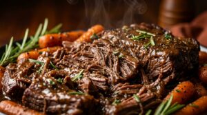 Ultra close-up macro of melt in your mouth slow cooker beef pot roast with rich red wine herb gravy, tender carrots, and baby potatoes