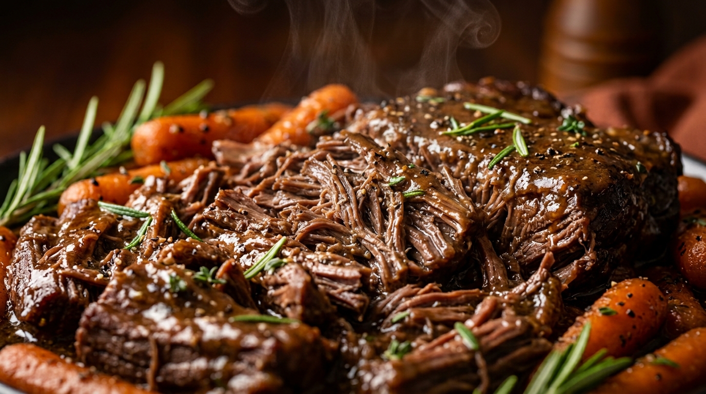 Ultra close-up macro of melt in your mouth slow cooker beef pot roast with rich red wine herb gravy, tender carrots, and baby potatoes