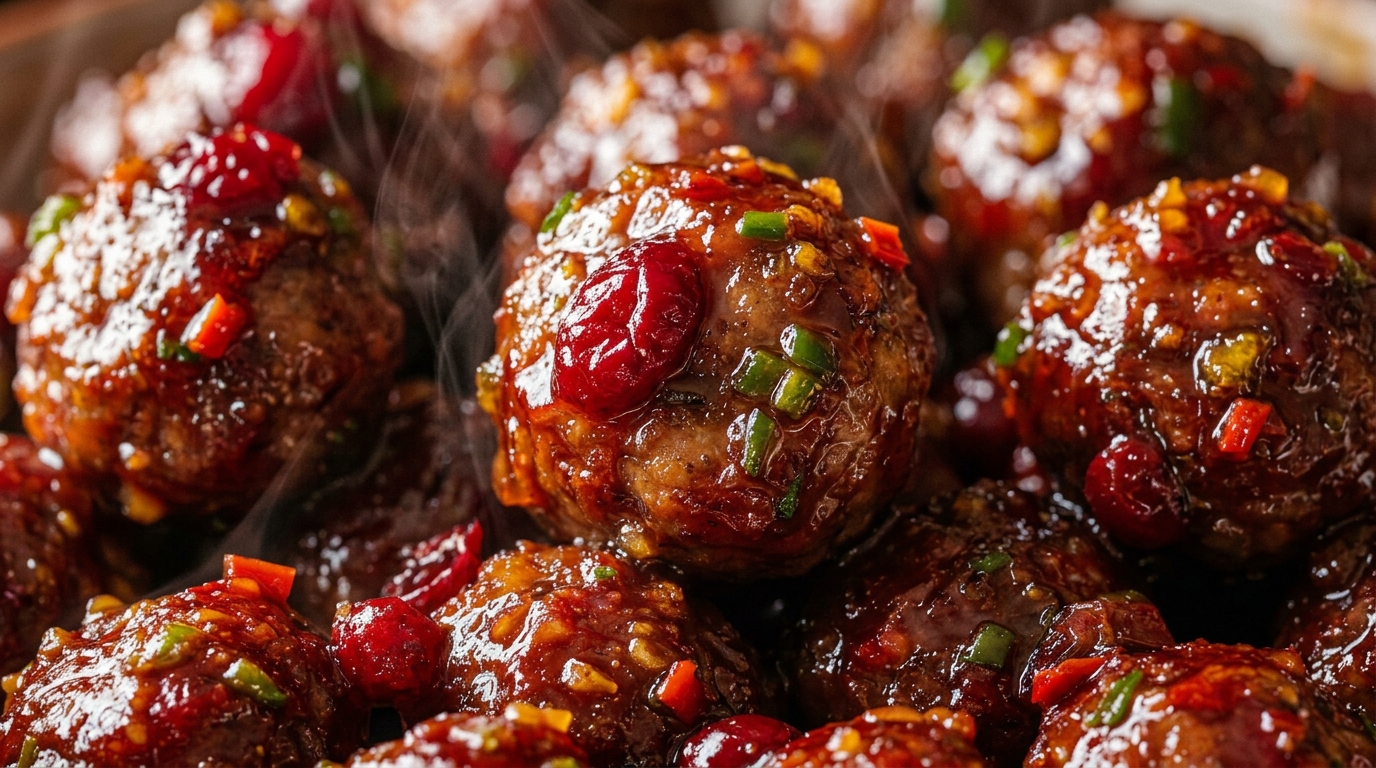 Ultra close-up macro of slow cooker cranberry jalapeno meatballs glistening in sweet spicy ruby red glaze with minced jalapeno