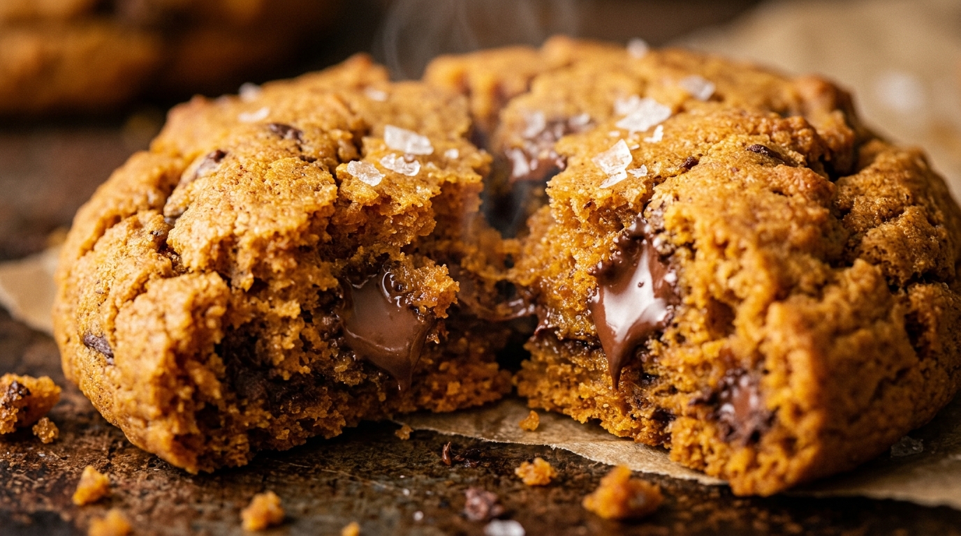 Ultra close-up macro of soft baked pumpkin chocolate chip cookies with melted chocolate chips