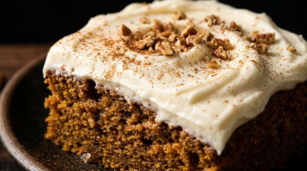 Ultra close-up macro of soft spiced pumpkin bars smothered in thick luscious vanilla cream cheese frosting and cinnamon spice