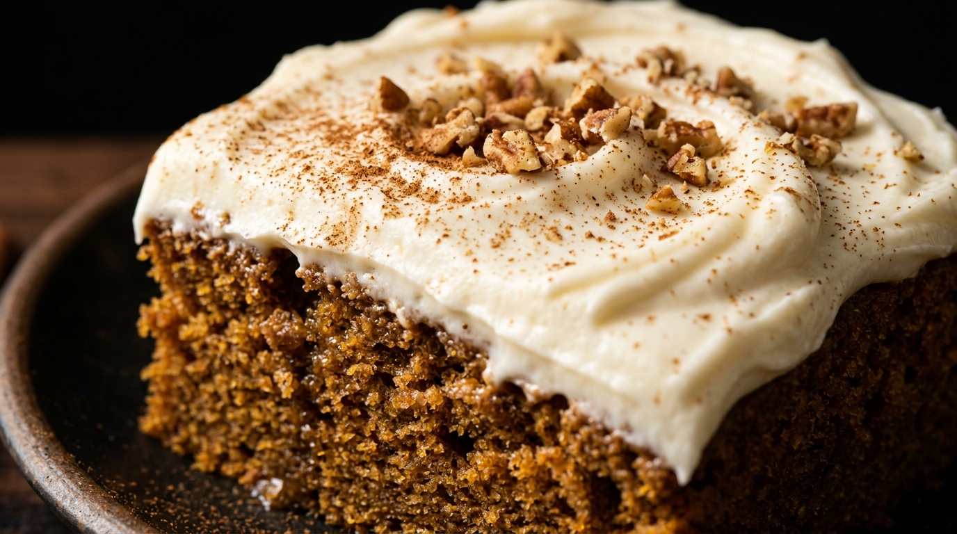 Ultra close-up macro of soft spiced pumpkin bars smothered in thick fluffy vanilla cream cheese frosting