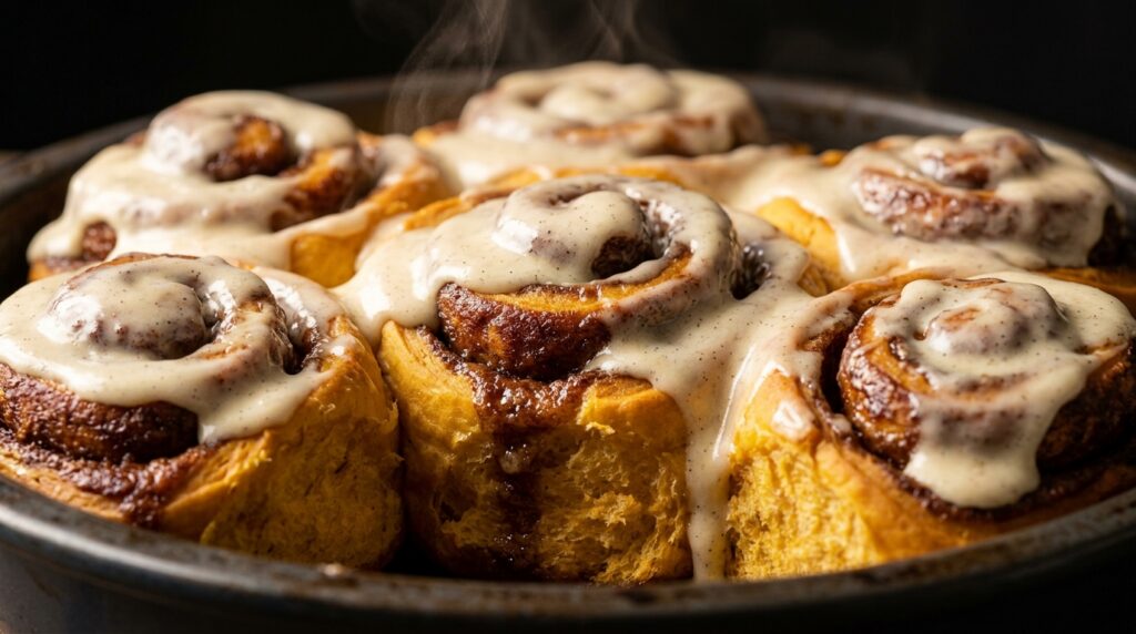 Ultra close-up macro of warm spiced pumpkin cinnamon rolls fresh from oven smothered in melting vanilla cream cheese icing