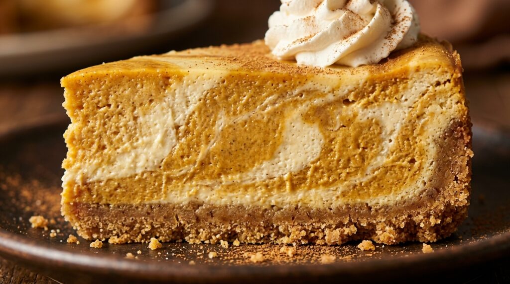 Ultra close-up macro of creamy spiced pumpkin swirl cheesecake slice on buttery gingersnap crust with whipped cream