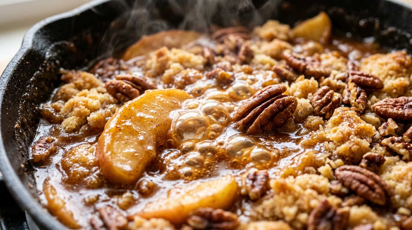 Ultra close-up macro of warm bubbling caramel apple dump cake in cast iron skillet with toasted pecans, golden cake crust, and melting vanilla ice cream