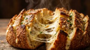Ultra close-up macro of warm garlic herb skillet cheesy bread fresh from the oven with bubbling golden brown mozzarella and gooey cheese pull