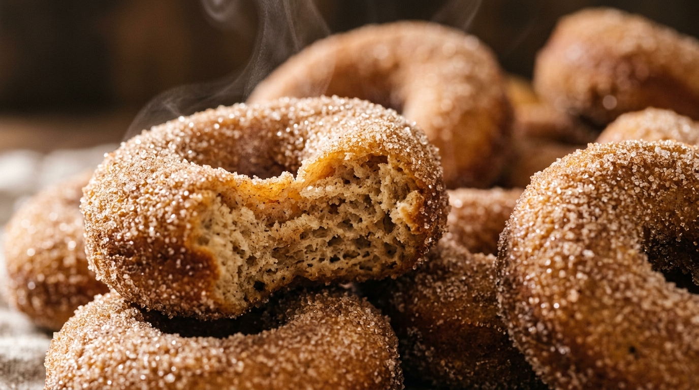 Ultra close-up macro of warm spiced apple cider baked donuts generously coated in sparkling cinnamon sugar and butter