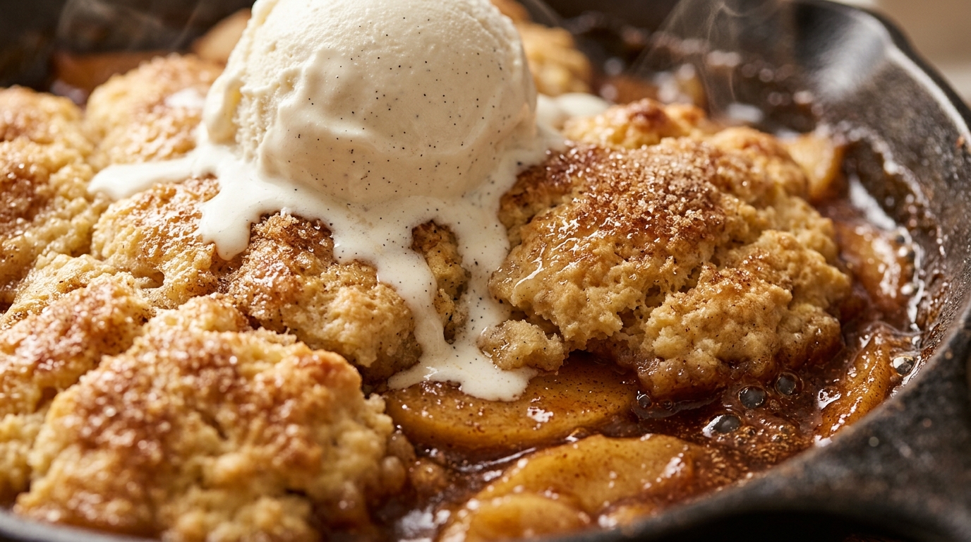 Ultra close-up macro of bubbling warm spiced homemade apple cobbler with golden fluffy biscuits